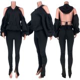 SC Fashion Sexy Backless Puff Sleeve Hooded Zippers Sweatshirts and Pleated Split Pants Set DAI-8288