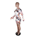 SC Sexy Printed Long Flare Sleeve Bodycon Mini Dress YM-9229