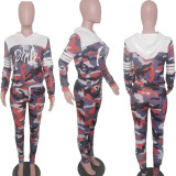 SC Pink Letter Print Camo Hooded Two Piece Sets TK-6062