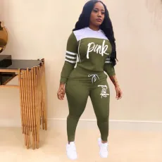SC Pink Letter Print Hooded Two Piece Pants Set TK-6059