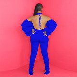 Solid Halter Backless Ruched Long Sleeve Jumpsuit TE-4120