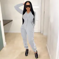 SC Casual Solid Hooded Zip Up Long Sleeve Jumpsuit MEI-9111