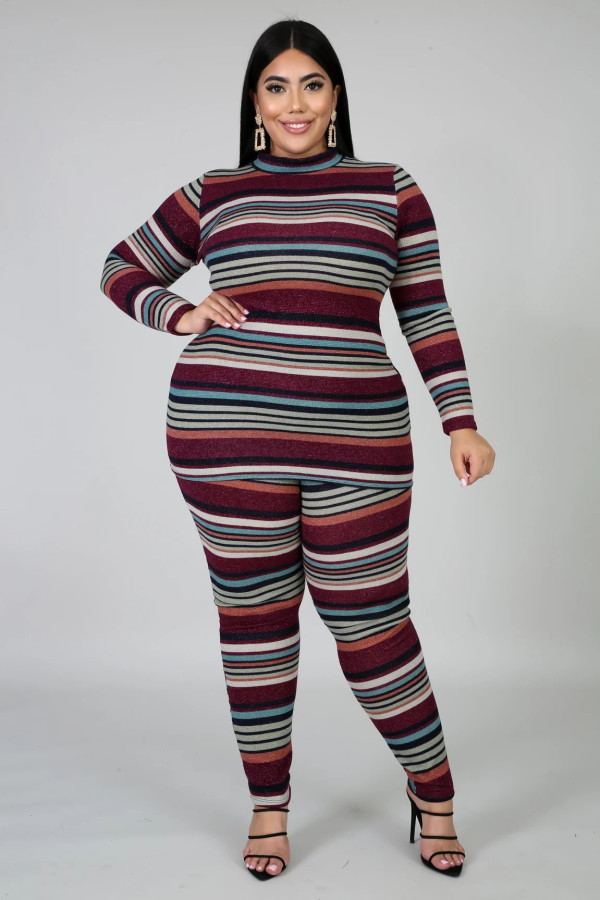 SC Plus Size 5XL Striped Print Long Sleeve Top And Pants Home Sports Casual Set BMF-028
