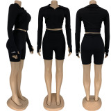 SC Letter Embroidery Long Sleeve Crop Top And Shorts Two Piece Set FNN-8530