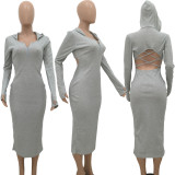 SC Solid Backless Hooded Long Sleeve Midi Dress XYKF-9239