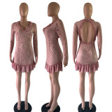 SC Sexy Backless Long Sleeve Lace Mini Dress OY-6223