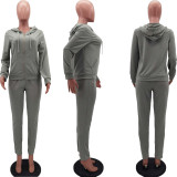 SC Solid Hooded Zipper Two Piece Pants Sets HM-6345