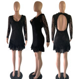 SC Sexy Backless Long Sleeve Lace Mini Dress OY-6223