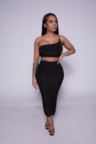 SC Sexy One Shoulder Sling Top And Ruched Skirts Two Piece Set XYF-9019