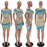 SC Sexy Printed Short Sleeve Ruched Drawstring Mini Dress XYF-9027