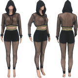 SC Plus Size Sexy Mesh Hollow Hooded Two Piece Sets CQ-070