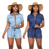 SC Casual Denim Short Sleeve Sashes Jeans Rompers SMR-9715