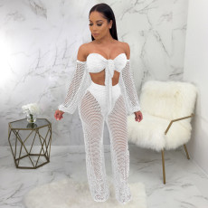 SC Sexy Off Shoulder Hollow Out Two Piece Pants Set SMR-9736