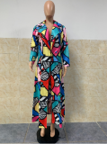 SC Geometric Print Notched Neck Long Coat GLF-8038