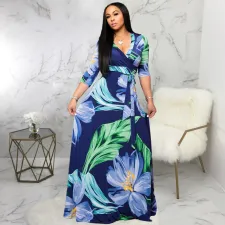 SC Plus Size V Neck Printed Maxi Dress SMR-9719