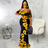 SC Sexy Printed Slash Neck Maxi Dress With Mask SMR-9720