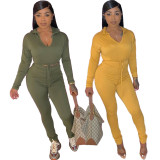 SC Casual Fashion V-neck Hooded Solid Color Sports Two Piece Set NYF-8016