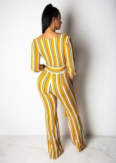 SC Sexy Striped V Neck Wide Leg Sashes Jumpsuits SMR-9722