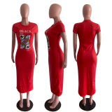 SC Poker Print Short Sleeve O Neck Slim Long Dress OM-1160