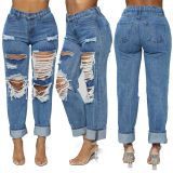 SC Plus Size Fashion Casual Washed Straight Ripped Hole High Waisted Jeans LX-5115