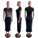 SC Poker Print Short Sleeve O Neck Slim Long Dress OM-1160