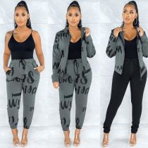 SC Casual Letter Print Hooded Zipper Two Piece Pants Set NYF-8021