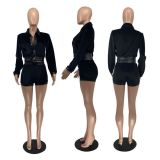 Trendy Velvet Leather Patchwork Coat And Shorts Set MOF-5188