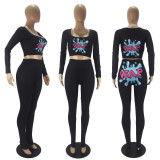 SC Casual Sports Pattern Print Long Sleeve Top And Leggings Pants Two Piece Set SHD-9445