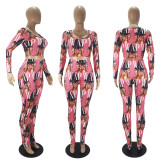 SC Casual Sports Pattern Print Long Sleeve Top And Leggings Pants Two Piece Set SHD-9445