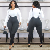 SC Plus Size Fashion Solid Color Long Sleeve Top And Suspender Jumpsuit Two Piece Set WAF-7100