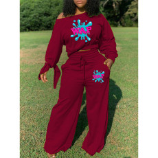 SC Casual Solid Color Print Tie a Knot Long Sleeve Top And Wide Leg Pants Set SHD-9331