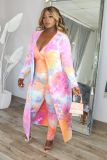 SC Plus Size Tie Dye Strap Jumpsuits+Long Coat 2 Piece Sets BDF-8026