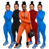 SC Solid Rib Zipper Long Sleeve Stacked Jumpsuits WSM-5200