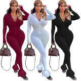 SC Solid Ribbed Embroidery Zipper Tight Jumpsuits QY-5216