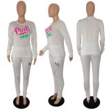 SC Pink Letter Print Round Neck Long Sleeve Casual Sportswear Suit XMF-012