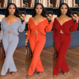 SC Solid V Neck Long Sleeve Two Piece Pants Set CHY-1265