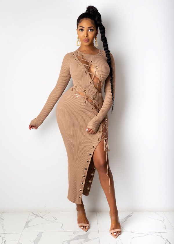 SC Sexy Long Sleeve Lace Up Slim Maxi Dress CHY-1266