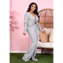 SC Solid V Neck Long Sleeve Two Piece Pants Set CHY-1265