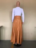 SC Plus Size PU Leather High Waist Big Swing Belted Maxi Skirt OD-8339