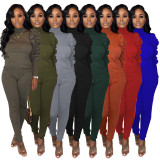 SC Solid Ruched Sleeve Turtleneck Two Piece Pants Set IV-8140