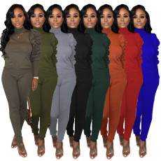 SC Solid Ruched Sleeve Turtleneck Two Piece Pants Set IV-8140