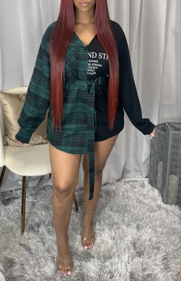 SC Casual Plaid Long Sleeve Sashes Shirt Dress NM-8327