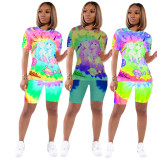 SC Tie dye Cartoon Print T-shirt Shorts Casual Two Piece Set SXF-0523