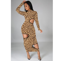 SC Plus Size Leopard Hollow Long Sleeve Maxi Dress Without Mask OM-1179
