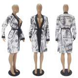 SC Dollar Print Long Sleeve Sashes Midi Dress SHD-9336