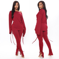 SC Solid Long Sleeve Lace Up Two Piece Pants Set LSL-6394