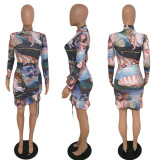 SC Angel Print Ruched Long Sleeve Mini Dress YIY-5231