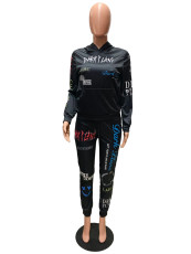 SC Casual Printed Hoodie Pants Two Piece Suits QZX-6173