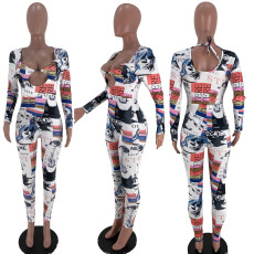 SC Sexy Long Sleeve Print Hollow Out Jumpsuit XSF-6017