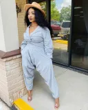 SC Solid V Neck Long Sleeve Two Piece Pants Set MEM-8311